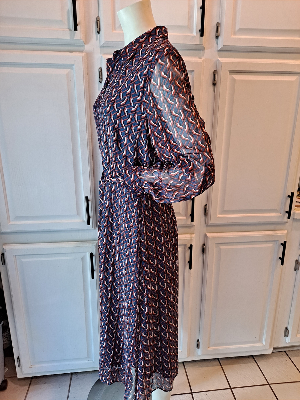 DR2 Navy Black White Orange Geometric Printed Midi Shirt Dress Tie Waist Lined - Picture 5 of 12